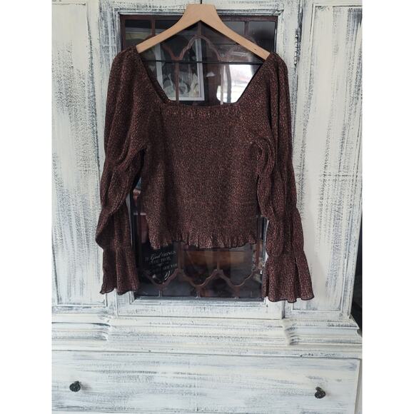 Anthropologie Brown Shimmer Puff-Sleeved Blouse - XL New - Picture 6 of 6